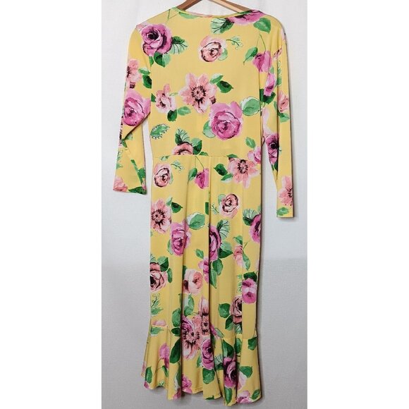 Janette Plus USA XL Dress Yellow Pink Floral Stretch Faux Wrap Midi Ruffle - Picture 2 of 8